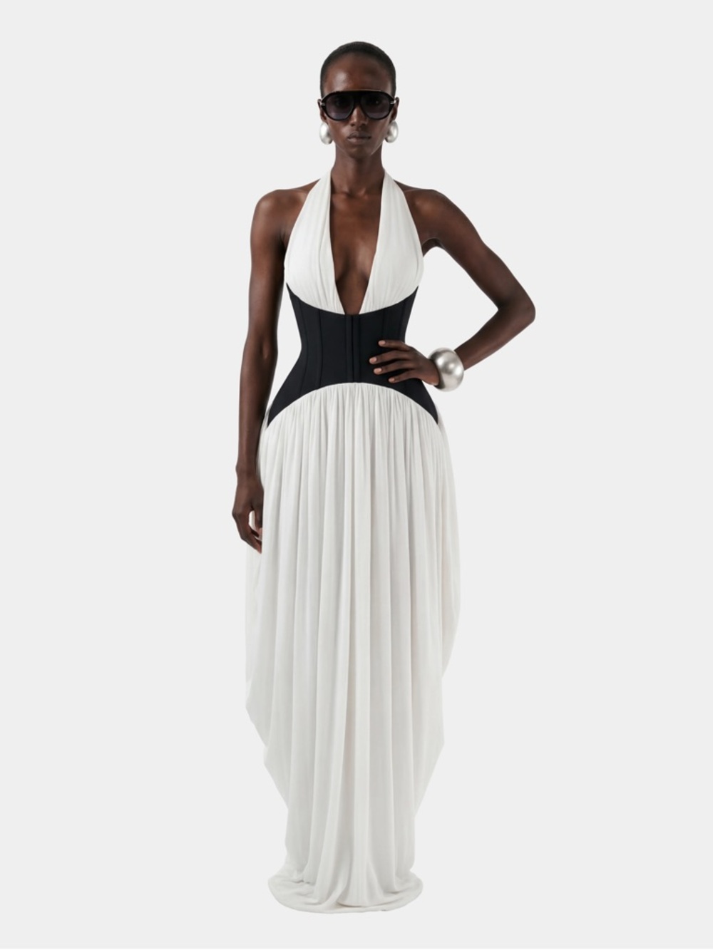 Black & White Halter Maxi Dress with Flowing Skirt